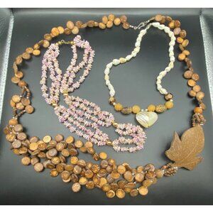 Vintage Lot of 3 Boho Natural Necklaces Shell Wood Seed Coconut Leaf Pendant